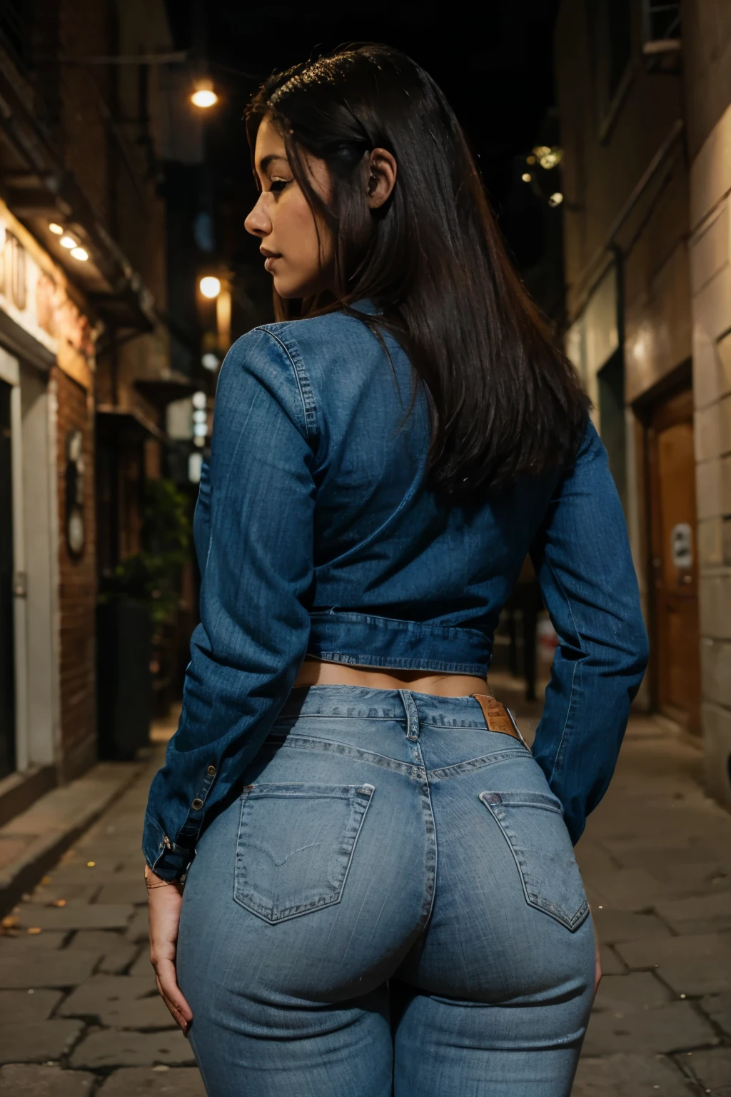 latina portrait picture from the back with a medium ass in jeans on a night street city with people
