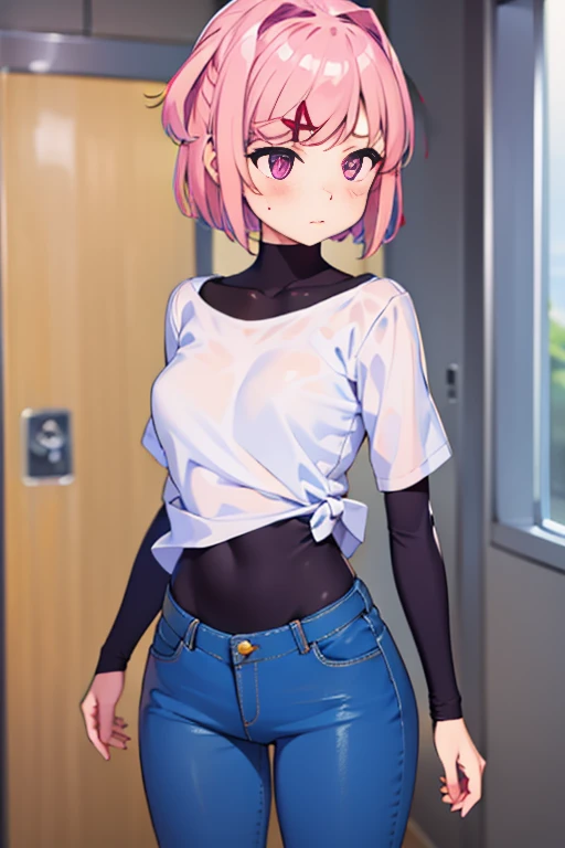 1 pretty woman, short pink hair with pigtails, small waist, skinny, small white crop top, cotton skirt, young ‎Classroom,PH Momo, momohd, phmomo, BREAK black thighhighs,, 