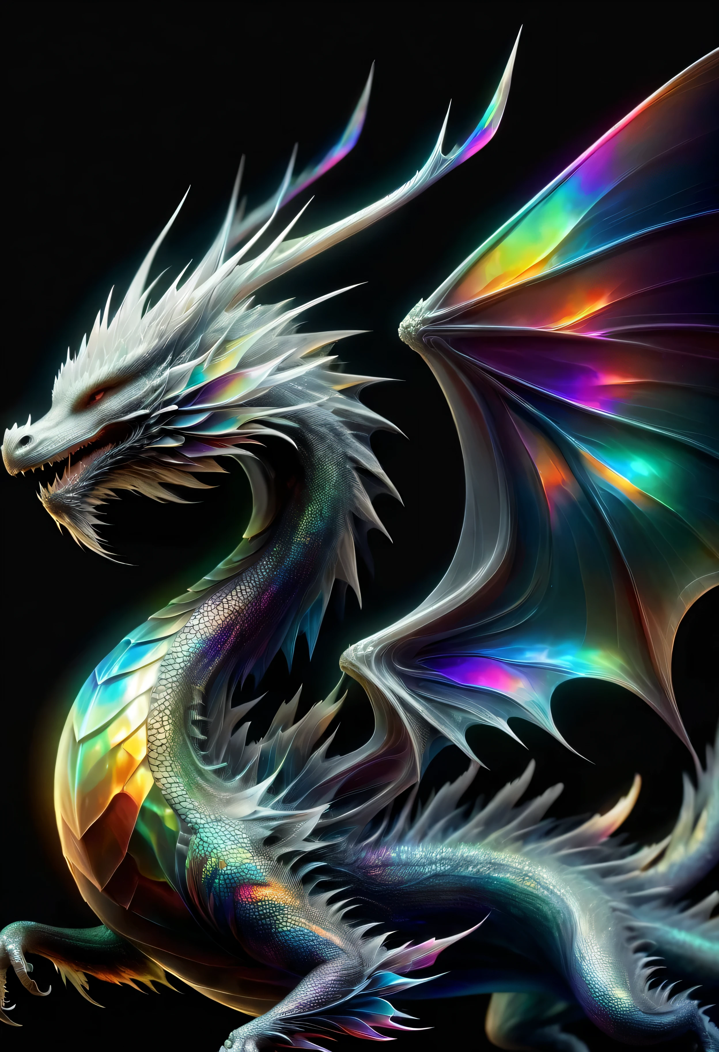 echmrdrgn, black background, sharp teeth, solo, simple background, wings, from side, no humans, glowing, dragon, scales, iridescent, fantasy, whiskers, talons, tail, horns, western dragon