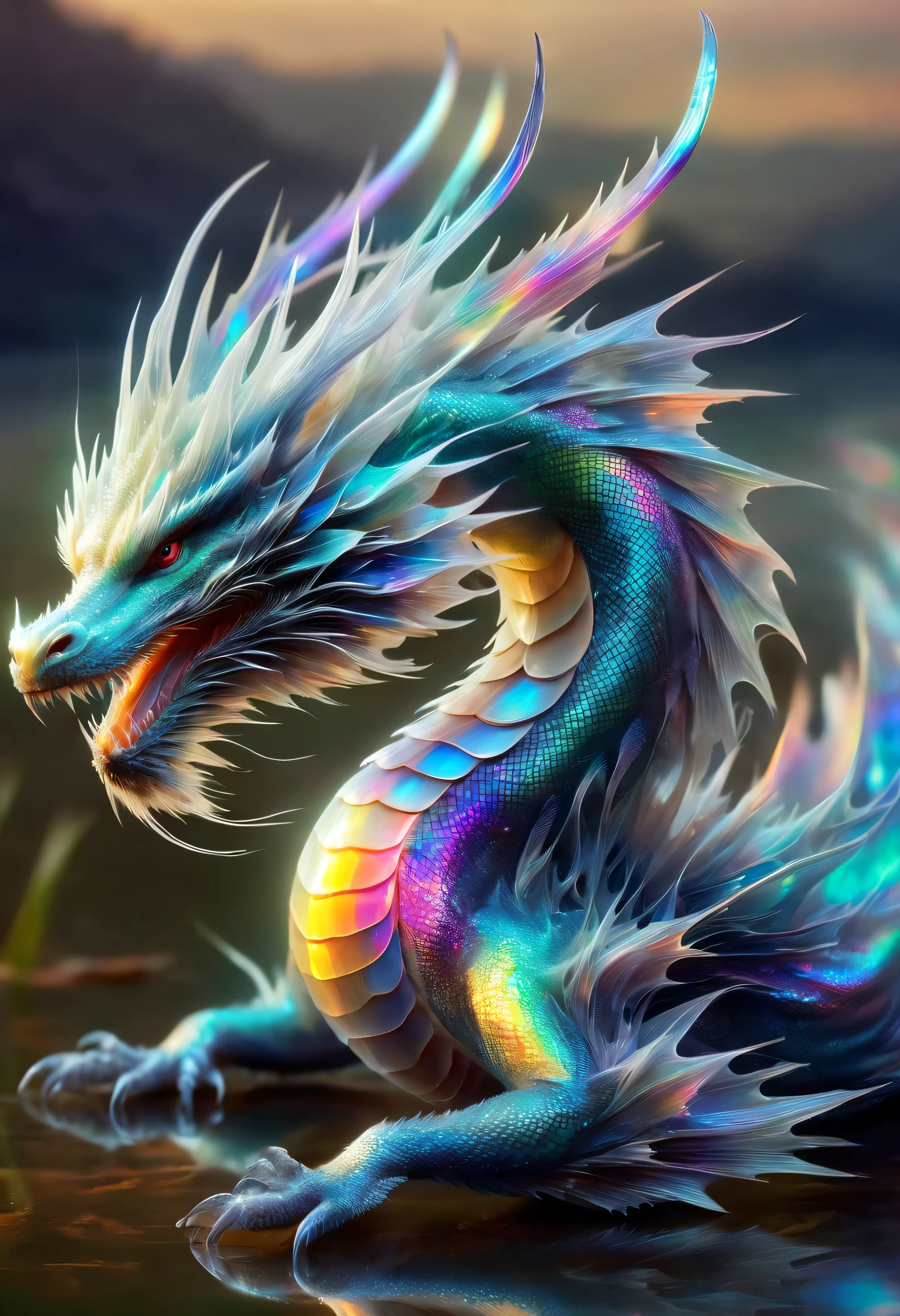 echmrdrgn eastern dragon, viewed from front it's full body is iridescent splendour, semi-transparent and glowing opalescence, razor sharp talons and teeth, long whiskers, over water background