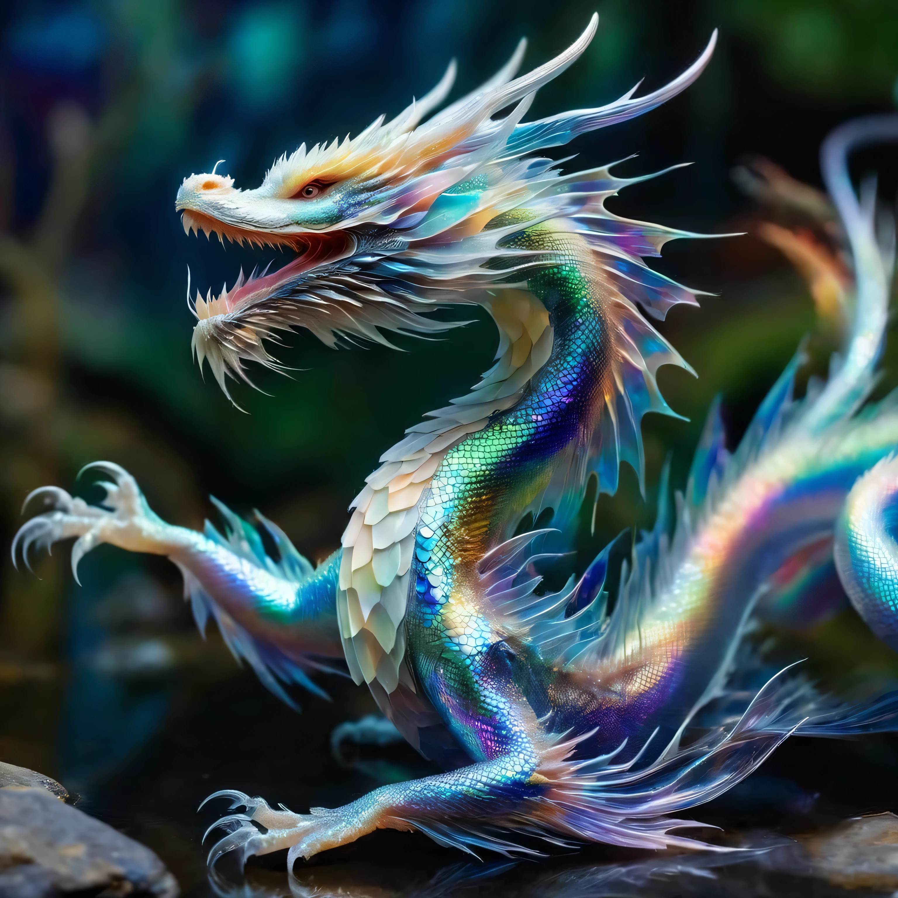 echmrdrgn eastern dragon, viewed from front it's full body is iridescent splendour, semi-transparent and glowing opalescence, razor sharp talons and teeth, long whiskers, over water background