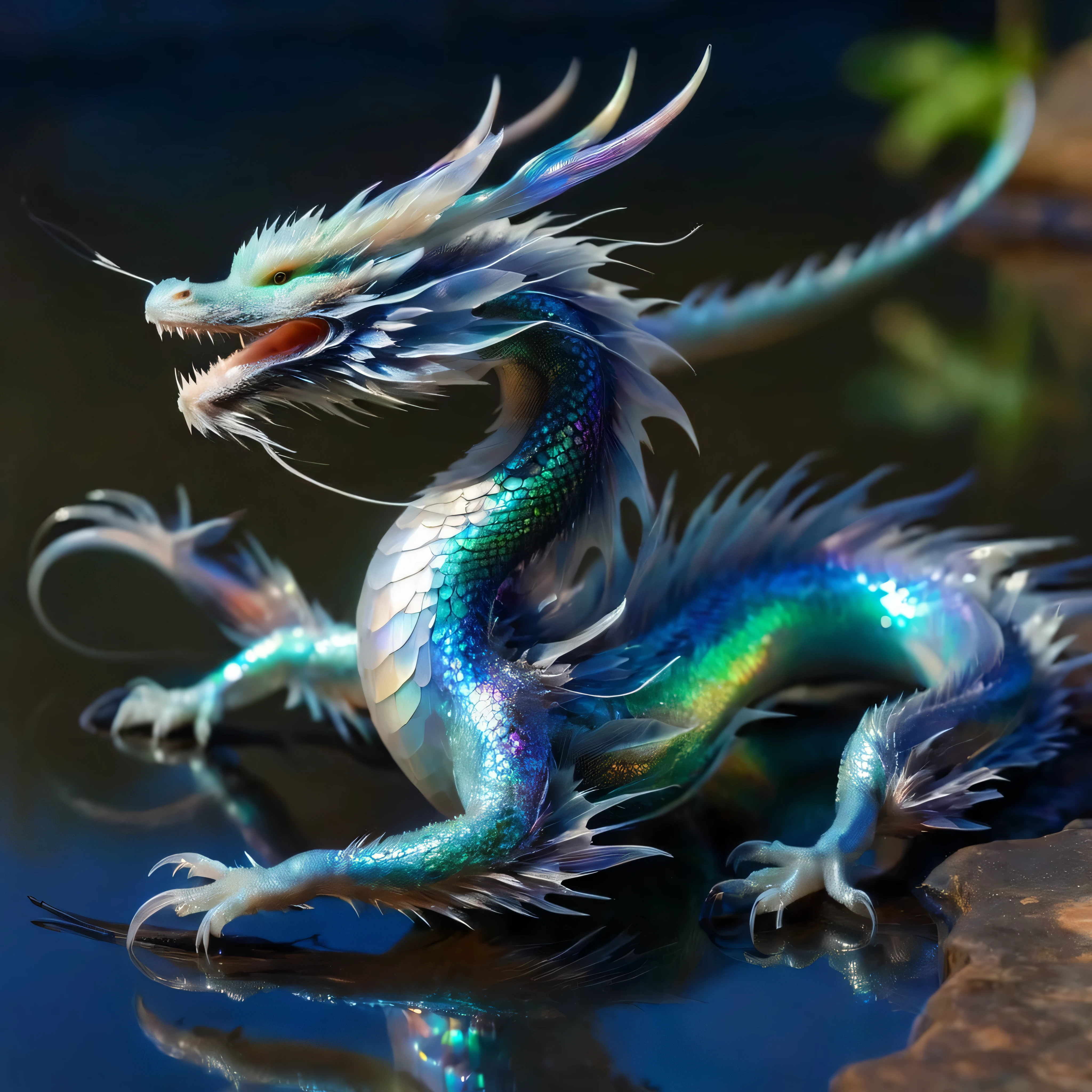 echmrdrgn eastern dragon, it's full body is iridescent splendour, semi-transparent and glowing opalescence, razor sharp talons and teeth, long whiskers, over water background, full body, front view, 