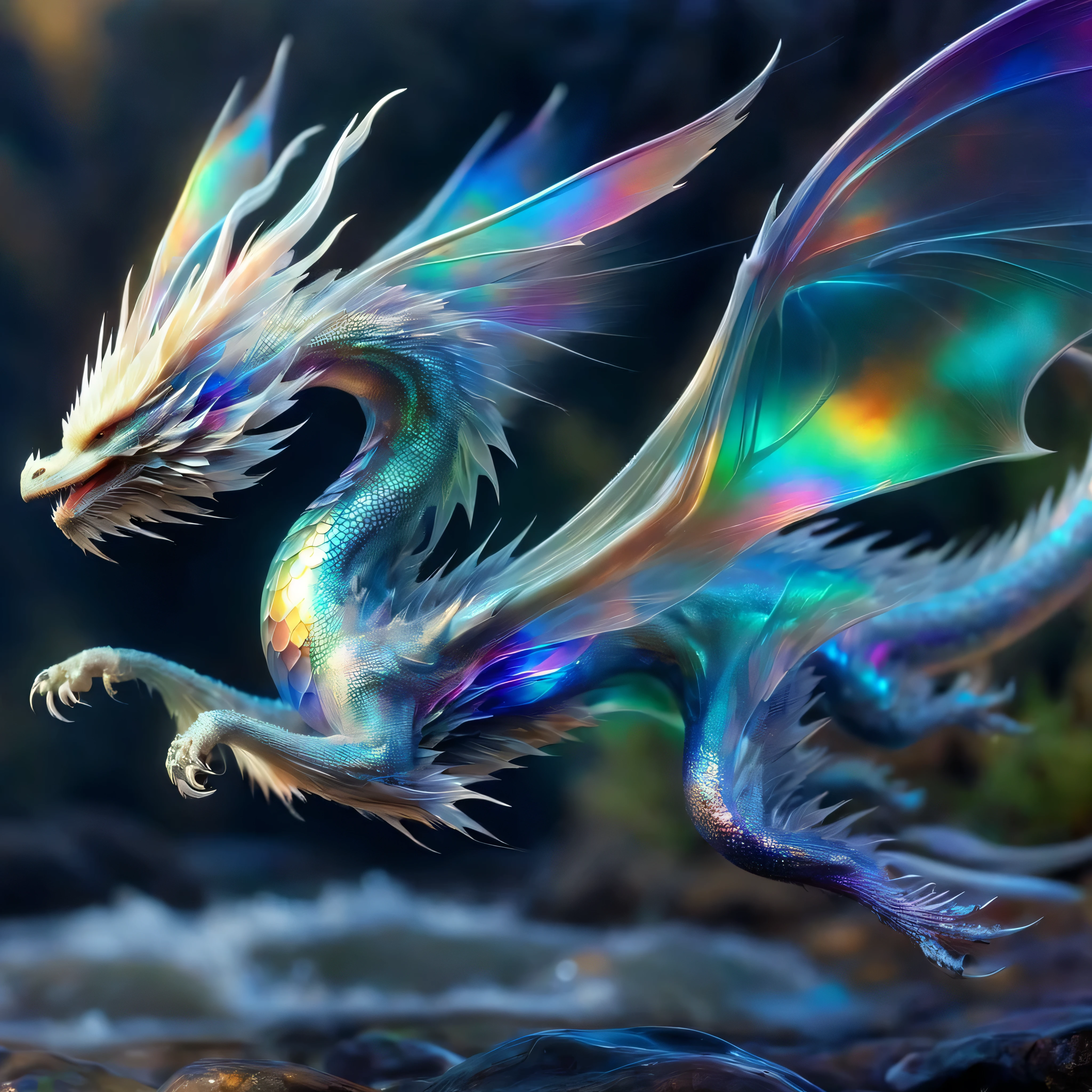 echmrdrgn western dragon, it's full body is iridescent splendour, semi-transparent and glowing opalescence, razor sharp talons and teeth, glorious wings, long whiskers, over water background, full body,  