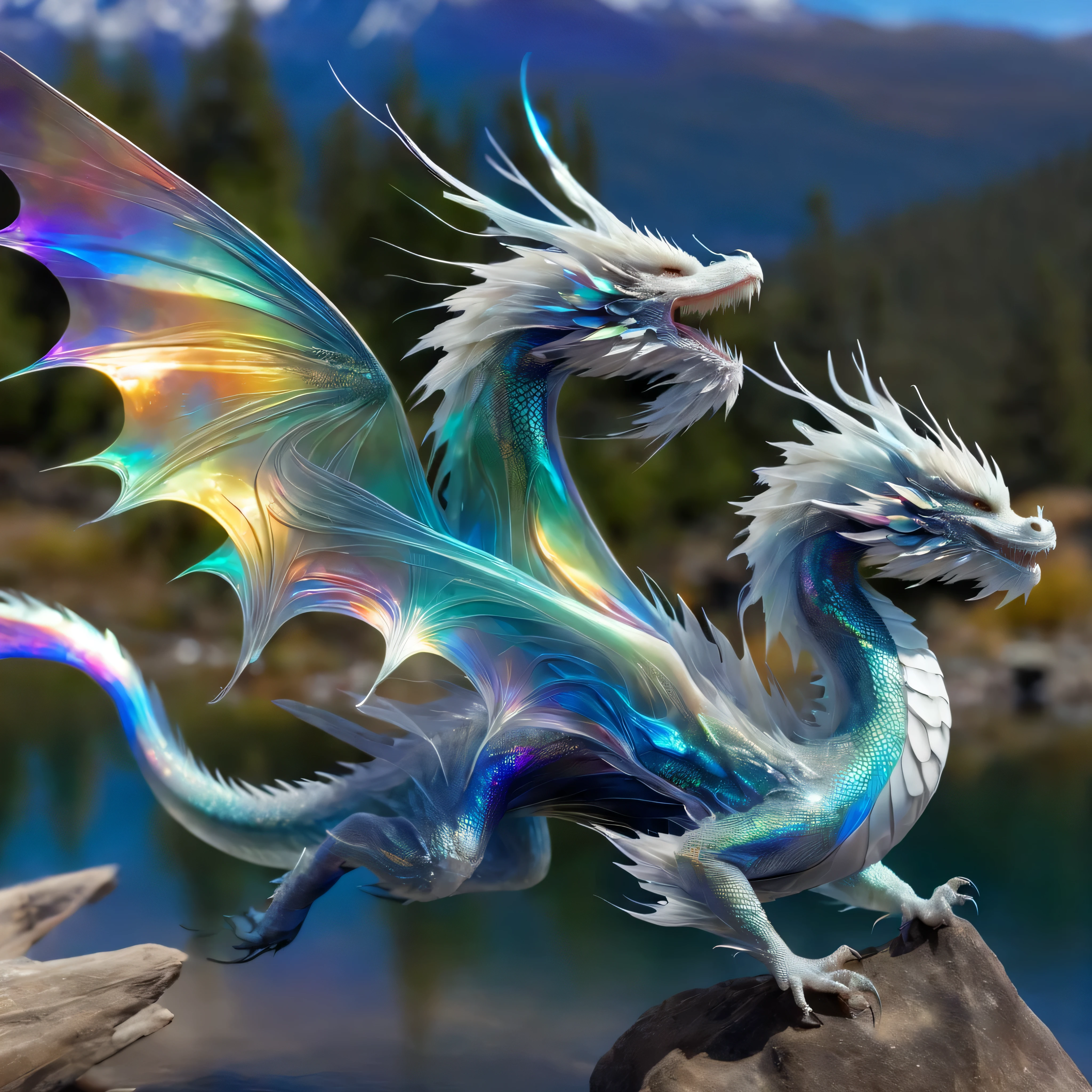 echmrdrgn western dragon, it's full body is iridescent splendour, semi-transparent and glowing opalescence, razor sharp talons and teeth, glorious wings, long whiskers, over water background, full body,  