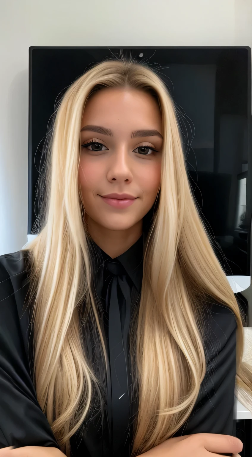Graphic Designer, I sit at the computer and make a logo, Blonde hair with light brown roots. blond hair, Hair with brown roots, very long hair, very long hair, very long hair, Beautiful, foreground, selfie, Photo taken on iPhone, elegant black shirt with ascot, space, selfie за ноутбуком на котором видно разработку логотипа, High quality, selfie iPhone, split