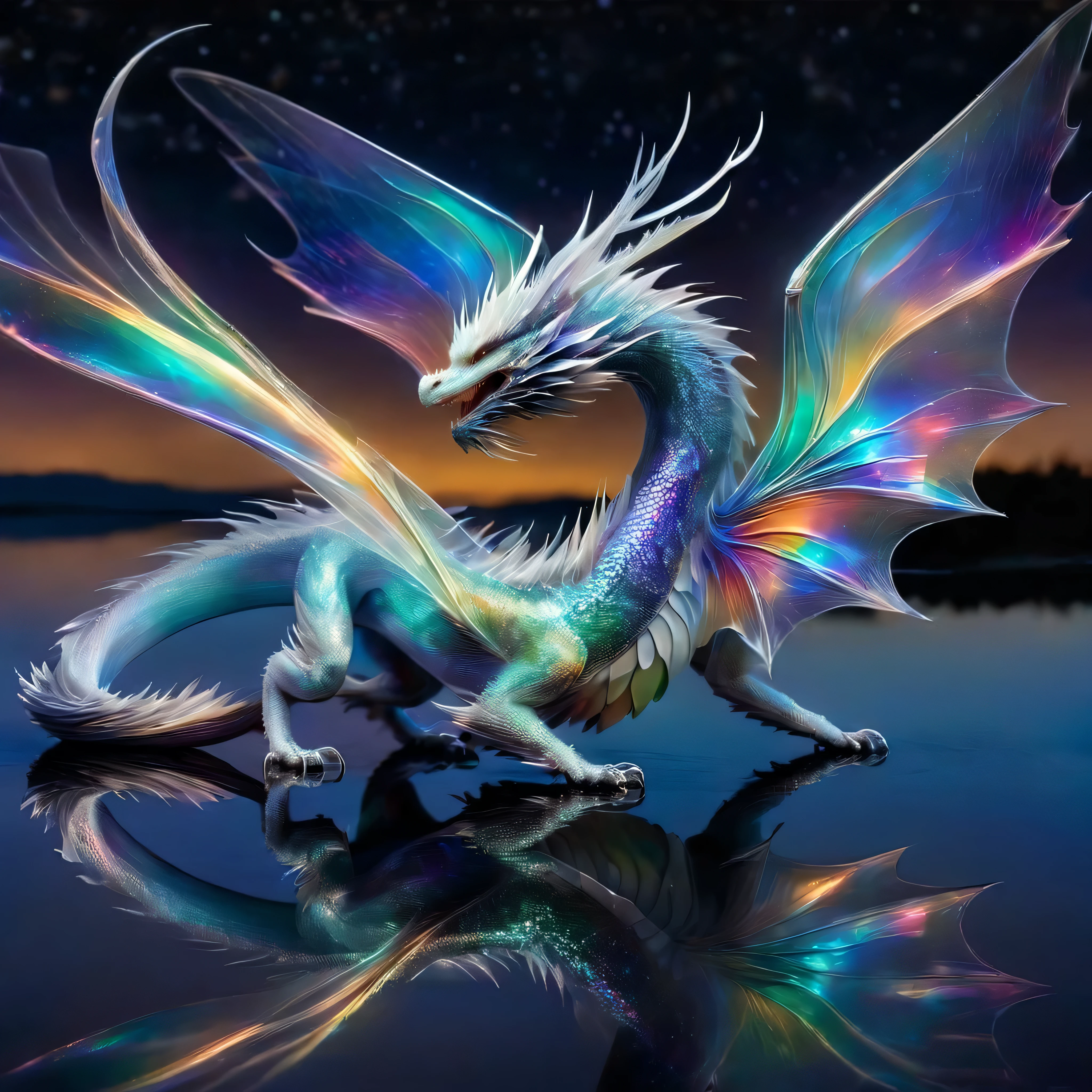 echmrdrgn western dragon, it's full body is iridescent splendour, semi-transparent and glowing opalescence, razor sharp talons and teeth, glorious wings, long whiskers, over water background, full body, at night, starry sky, moonlight reflections, 