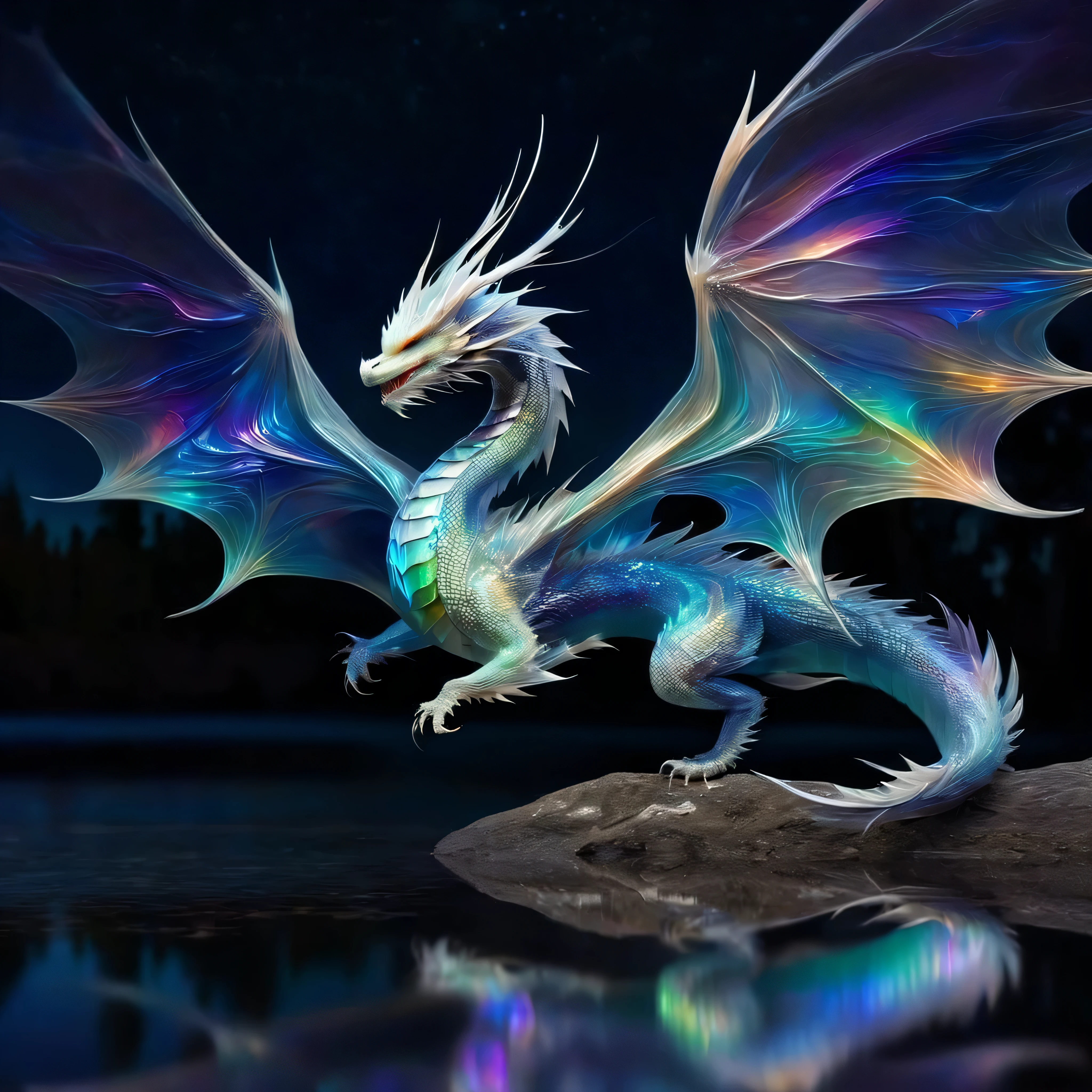 echmrdrgn western dragon, it's full body is iridescent splendour, semi-transparent and glowing opalescence, razor sharp talons and teeth, glorious wings, long whiskers, over water background, full body, at night, starry sky, moonlight reflections, 