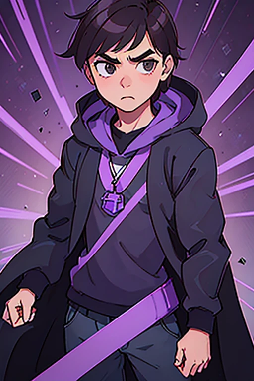 Create an image of a 19 year old man with short brown hair and brown eyes who is equipped with a dark blue hoodie with a dark blue cape levitating, with an angry face and a black shirt with 3 vertical purple lines in the middle, all in a purple background and I want everything to have purple particles