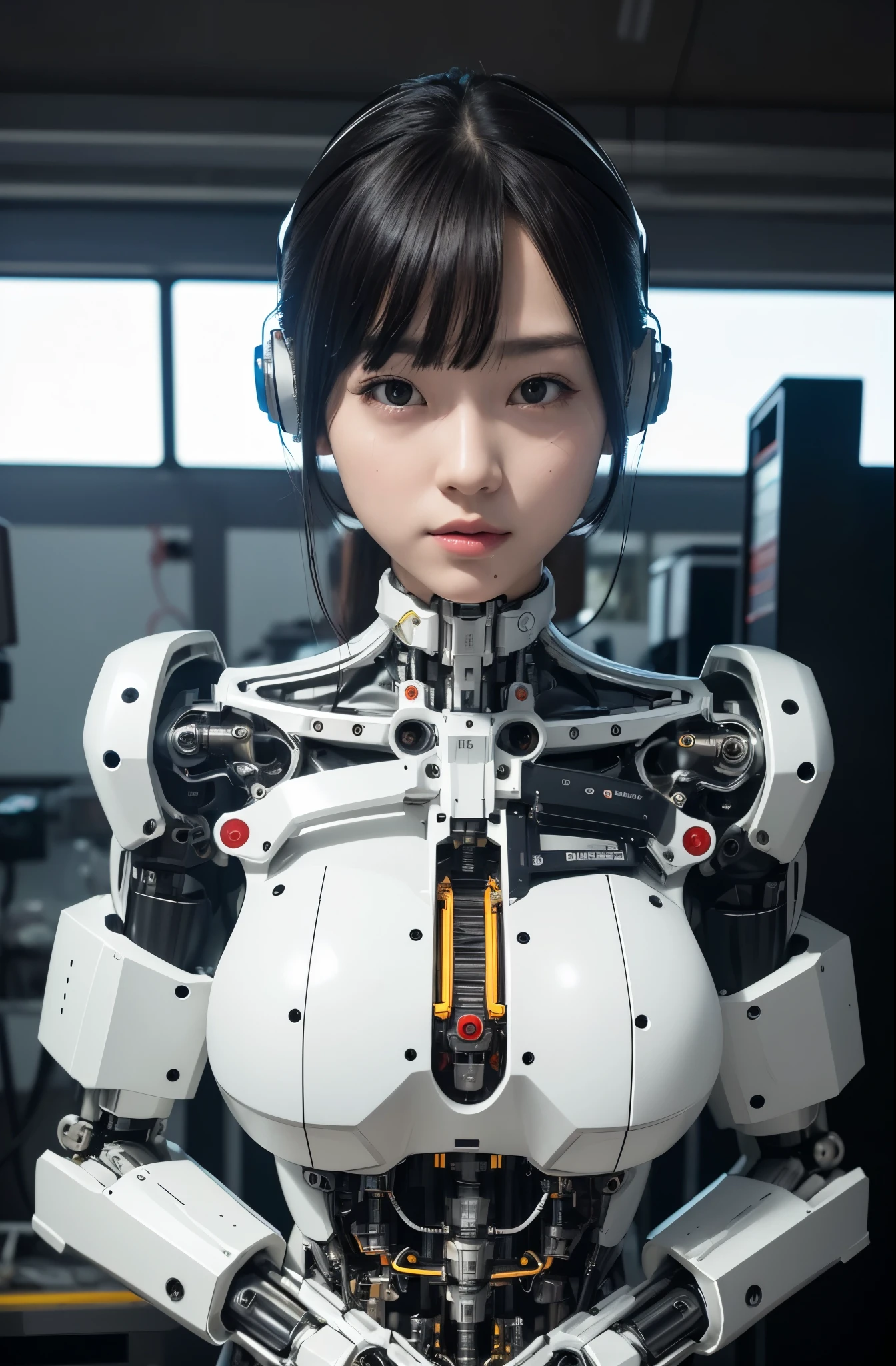 masterpiece, best quality, extremely detailed, Japaese Cyborg girl,Plump , control panels,android,Droid,Mechanical Hand, Robot arms and legs, Black Robot Parts,Black hair,Mechanical body,Blunt bangs,White robotics parts,perfect robot girl,long tube,thick cable connected her neck,ceramic body ,mechanical body, mechanical ear cover, mechanical costume,android,robot,humanoid,cyborg,japanese android woman ,mechanical chest,full eyes,future laboratory,connecting a cable between the legs,