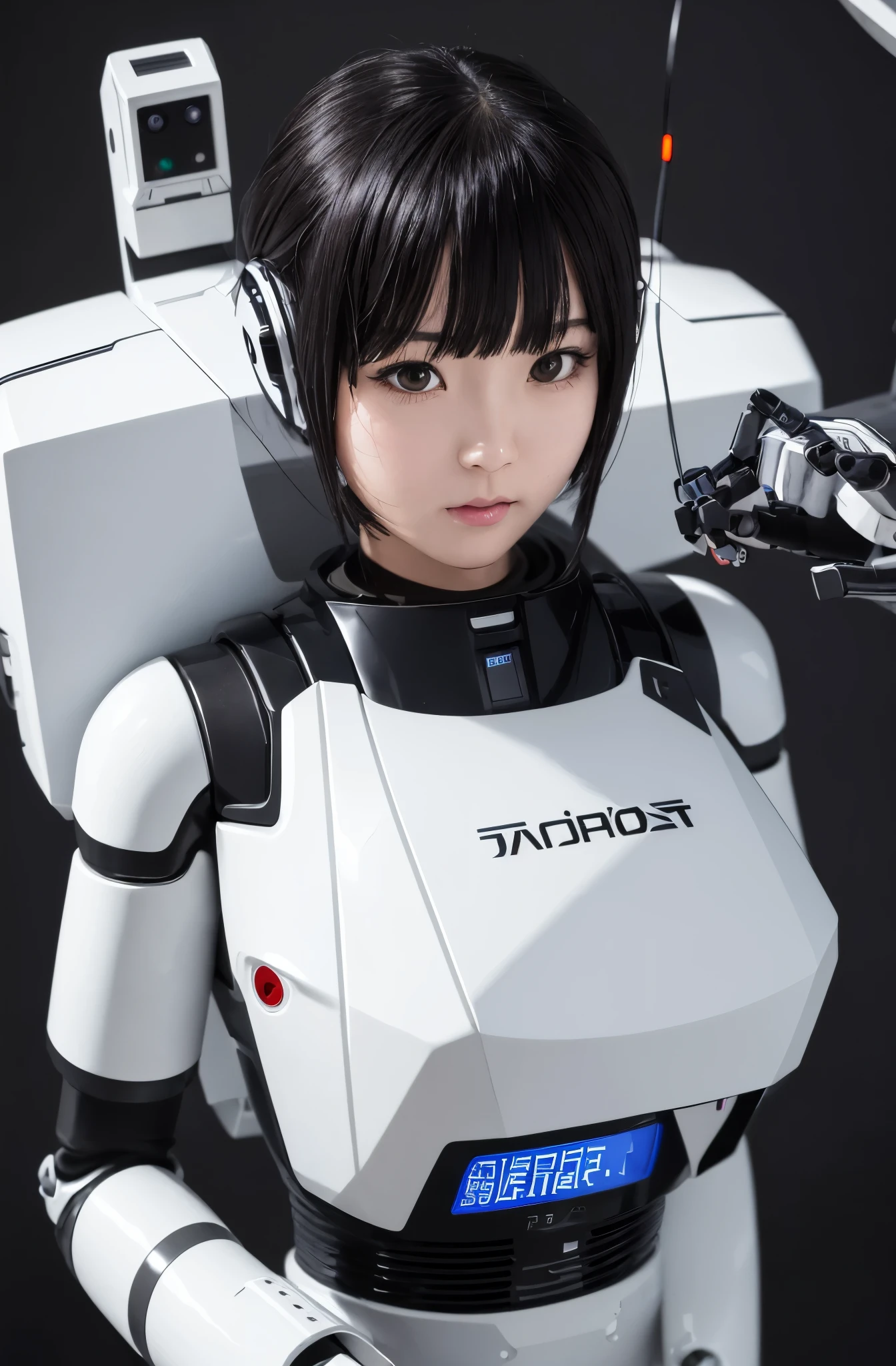 masterpiece, best quality, extremely detailed,  Japaese Cyborg girl,Plump , control panels,android,Droid,Mechanical Hand, Robot arms and legs, Black Robot Parts,Black hair,Mechanical body,Blunt bangs,White robotics parts,perfect robot girl,long tube,thick cable connected her neck,ceramic body ,mechanical body, mechanical ear cover, mechanical costume,android,robot,humanoid,cyborg,japanese android woman ,mechanical chest,full eyes,future laboratory,connecting a cable between the legs,