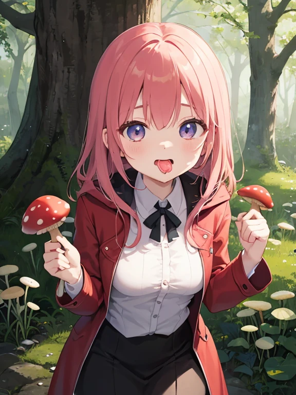 in the deep forest、Cute girl wearing a red food coat。holding a large matsutake mushroom、eyes shine、please open your mouth wide、trying to devour。Wearing a red hood。Saliva secretion、lick it with my tongue。