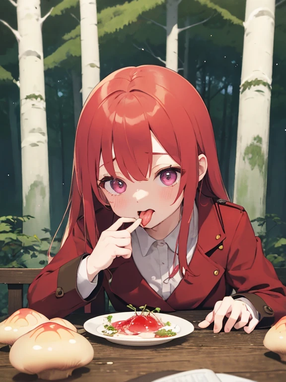 in the deep forest、e girl wearing a red food coat。holding a large matsutake mushroom、eyes shine、please open your mouth wide、trying to devour。Wearing a red hood。Saliva secretion、lick it with my tongue。