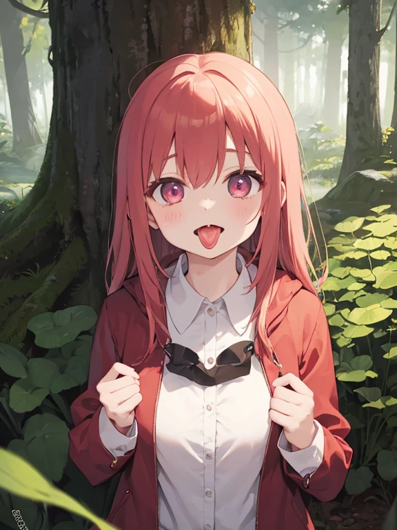 in the deep forest、Cute girl wearing a red food coat。holding a large matsutake mushroom、eyes shine、please open your mouth wide、trying to devour。Wearing a red hood。Saliva secretion、lick it with my tongue。