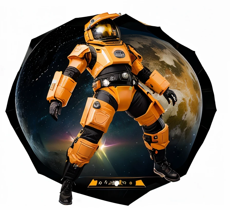 Traje de Bombeiro espacial futurista de cor laranja.