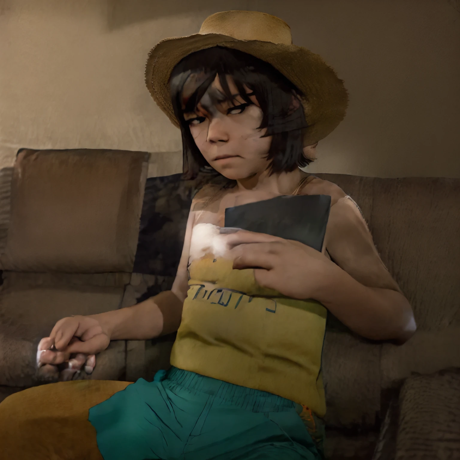 A short, shirtless, black-haired teenager wearing a straw hat and short brown knee-length pants sitting on a red sofa with a drink in his hand and reading a book, escena una sala oscura con ventanas de cristales, estilo anime