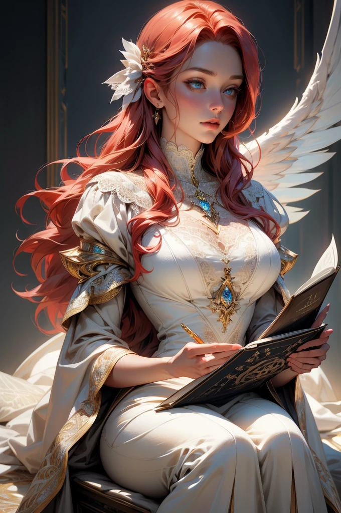 {-erro_de_anatomia:1.0}(best quality,4k,8k,highres,masterpiece:1.2), ultra-detailed, (realistic,photorealistic,photo-realistic:1.37), mature milf, illyasviel von einzbern, redhead hair, full body, vibrant colors, glowing skin, mesmerizing eyes, elegant pose, enchanting background, delicate lace dress, surreal lighting, ethereal atmosphere, mystical aura, intricate details, artistic medium, digital illustration, fantasy, anime, reading, writing