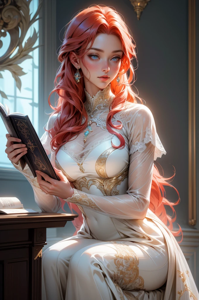 {-erro_de_anatomia:1.0}(best quality,4k,8k,highres,masterpiece:1.2), ultra-detailed, (realistic,photorealistic,photo-realistic:1.37), mature milf, illyasviel von einzbern, redhead hair, full body, vibrant colors, glowing skin, mesmerizing eyes, elegant pose, enchanting background, delicate lace dress, surreal lighting, ethereal atmosphere, mystical aura, intricate details, artistic medium, digital illustration, fantasy, anime, reading, writing, walking, laying down