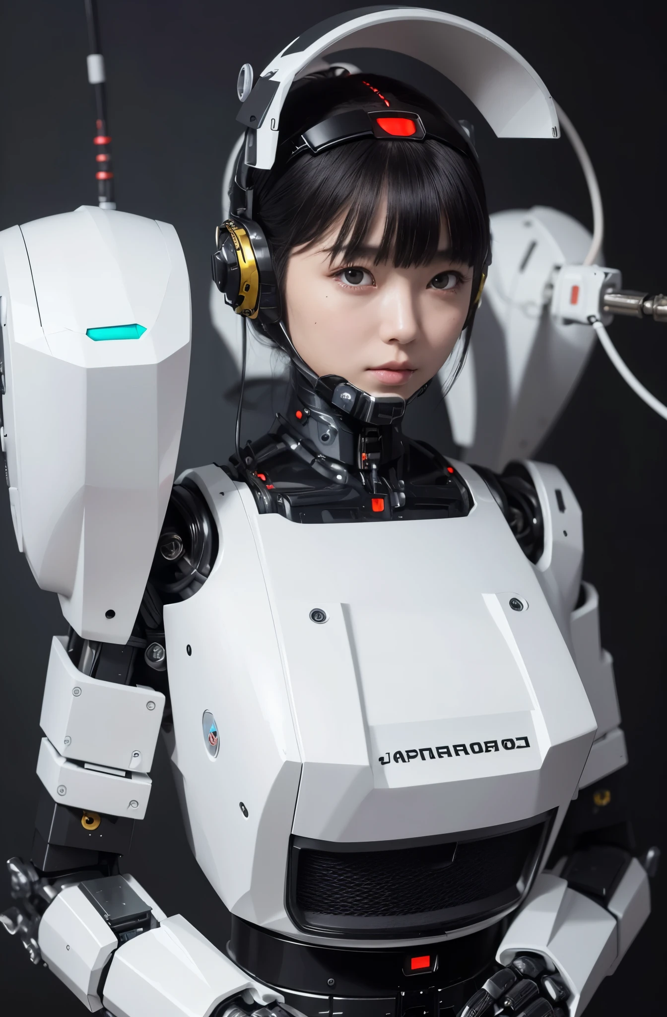 masterpiece, best quality, extremely detailed, Japaese Cyborg girl,Plump , control panels,android,Droid,Mechanical Hand, Robot arms and legs, Black Robot Parts,Black hair,Mechanical body,Blunt bangs,White robotics parts,perfect robot girl,long tube,thick cable connected her neck,ceramic body ,mechanical body, mechanical ear cover, mechanical costume,android,robot,humanoid,cyborg,japanese android woman ,mechanical chest,full eyes,future laboratory,connecting a cable between the legs,