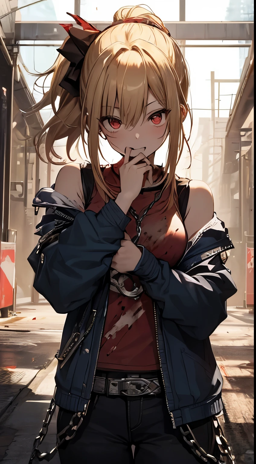 top-quality、Top image quality、masterpiece、girl with((18year old、tatteredclothing、Black tank top、Blue jacket、White pants、Best Bust、Bust 85、a blond、disheveled ponytail、Red Eyes、open chest wide、Happiness、Return blood、Blood from the mouth、Holding a chain sickle in both hands、Carrying the guitar))hiquality、visualart、Background with((Live performance venue、knight、Burning rendition))、