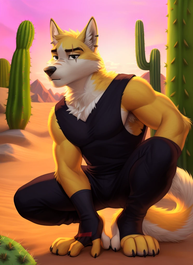 cooper krager, solo, wolf tail, (pose), (posing), (soft shading), 4k, hi res, ((detailed face, detailed eyes, detailed)), (full body), by zackarry911, by zaush, (by personalami:0.5), solo, gloves, 1boy, full body, flower, male focus, sky, fingerless gloves, squatting, desert, cactus, black tank top, pants, squatting,