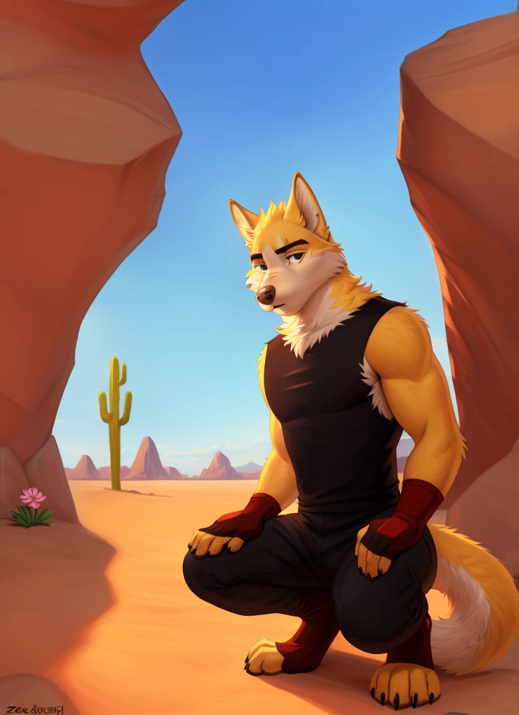 cooper krager, solo, wolf tail, (pose), (posing), (soft shading), 4k, hi res, ((detailed face, detailed eyes, detailed)), (full body), by zackarry911, by zaush, (by personalami:0.5), solo, gloves, 1boy, full body, flower, male focus, sky, fingerless gloves, squatting, desert, cactus, black tank top, pants, squatting,