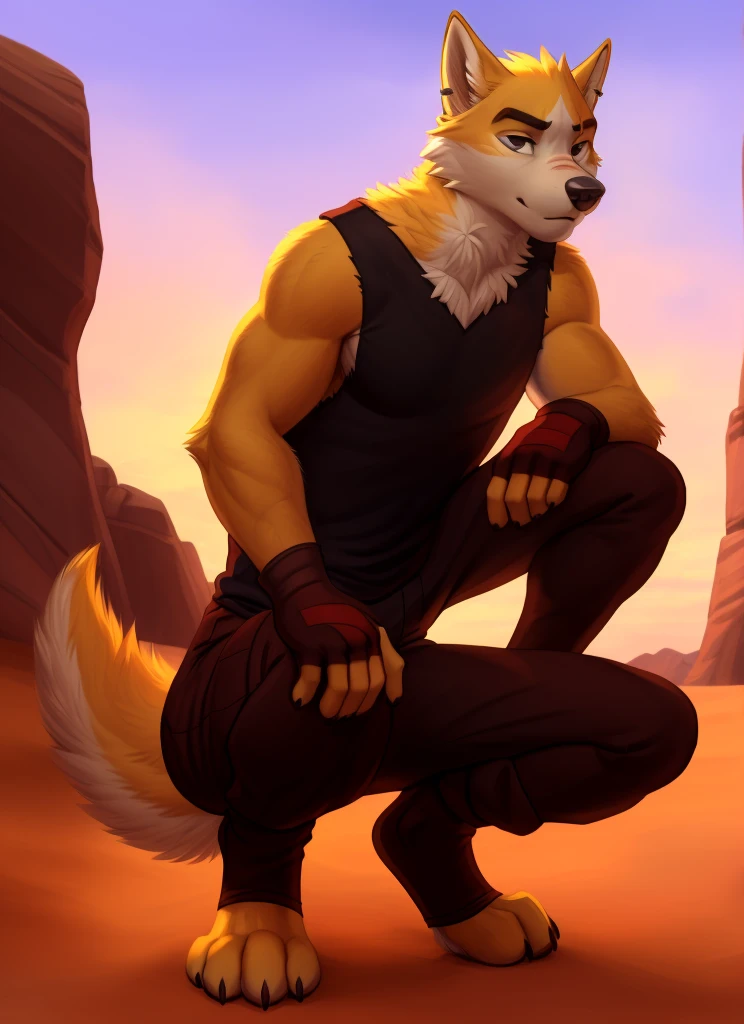 cooper krager, solo, wolf tail, (pose), (posing), (soft shading), 4k, hi res, ((detailed face, detailed eyes, detailed)), (full body), by zackarry911, by zaush, (by personalami:0.5), solo, gloves, 1boy, full body, flower, male focus, sky, fingerless gloves, squatting, desert, cactus, black tank top, pants, squatting,