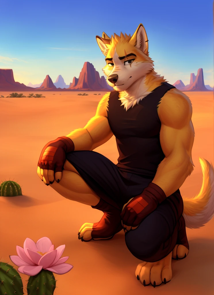 cooper krager, solo, wolf tail, (pose), (posing), (soft shading), 4k, hi res, ((detailed face, detailed eyes, detailed)), (full body), by zackarry911, by zaush, (by personalami:0.5), solo, gloves, 1boy, full body, flower, male focus, sky, fingerless gloves, squatting, desert, cactus, black tank top, pants, squatting,