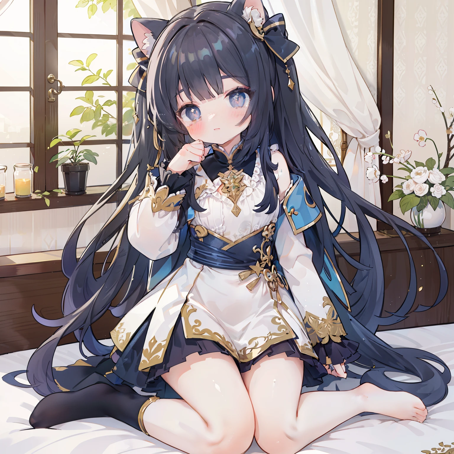 (8K, Highest quality, masterpiece:1.2),\(eye\),(\(Garment Details\)\),高画質CG Unity 8K ファイルサイズが大きい,Very detailed,High resolution,美しいeye,Ray Tracing,Dramatic Shadows,finely,Hyper Detail,(1 girl:1.3),(alone),Long Hair、wear(Cosplay_,Very cute black and purple lingerie with frills,Short skirt),blush,((eyeに見えるパンティー)),((Black panties)),Knee socks,Two-dimensional woman,((Squat)),((Face forward and spread your legs wide)),((Raise your arms up and place them behind your head)),Lift your butt,Simple Background,Sweat a lot,Female masturbation,Show the whole body,Love juice,Revealing outfits