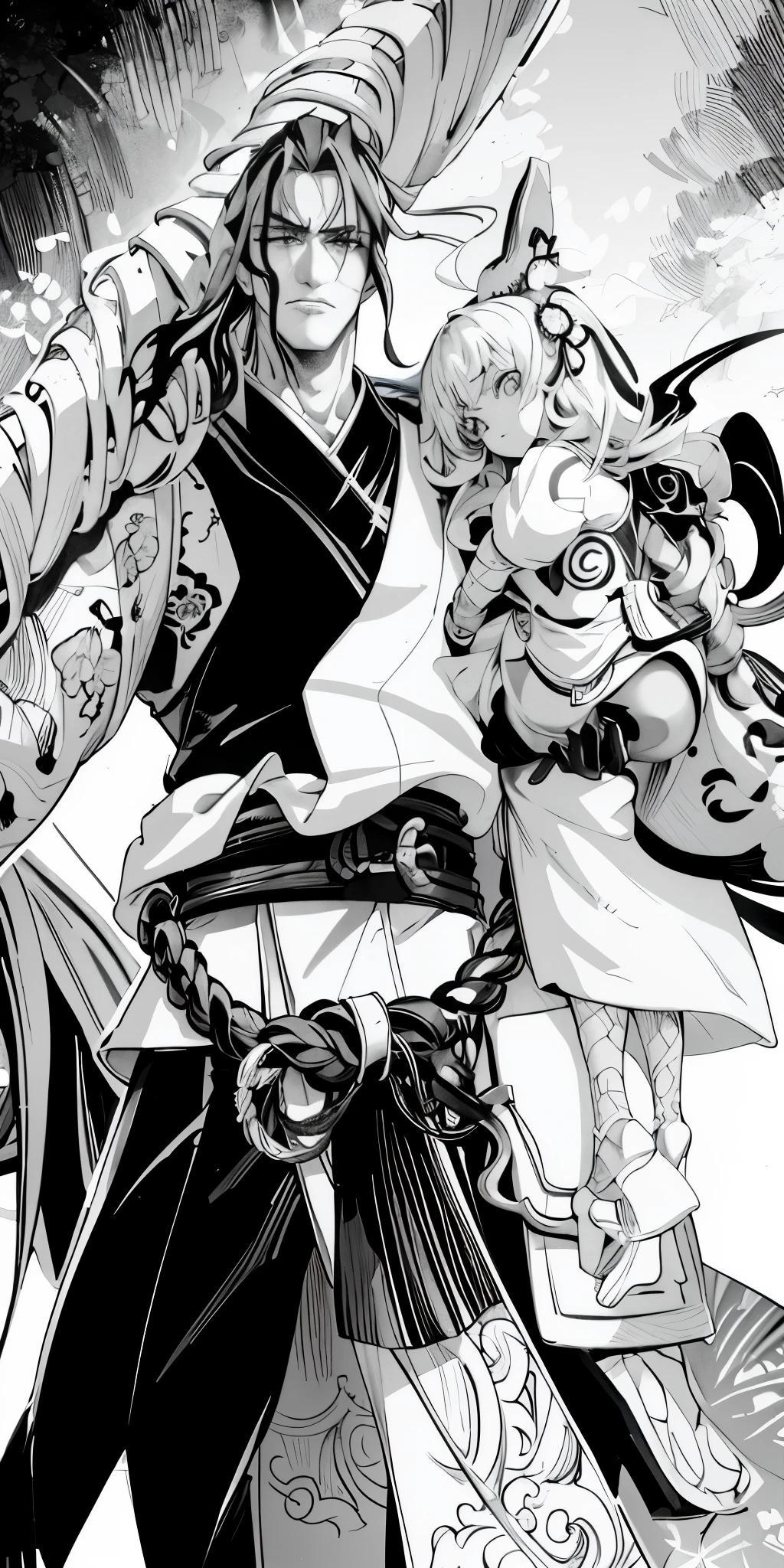 um desenho em preto e branco de duas pessoas com espadas, afro samurai manga style, black and white manga panel, black and white manga page, Bleach Manga Style, stunning manga art style, detailed manga style, black and white manga style, black and white manga comics, samurai correntes tinta mortos-vivos, the samurai is wrapped in chains, handsome guy in demon slayer art
