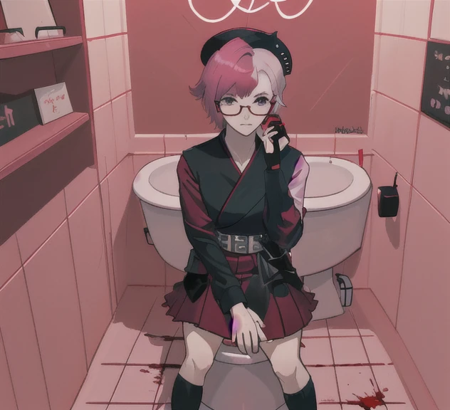 David McNair sitting on the toilet with the Blood, pink hair, short hair, hair two side up, Korean Uniform, Red Square Eyewear, pov, Artist by Kim Sujeong, 8k