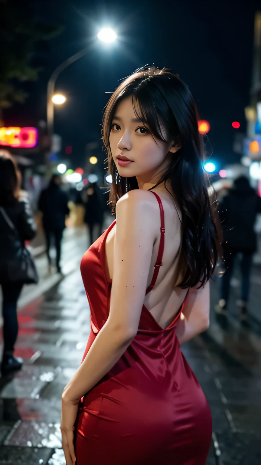 1girl,solo,long hair,Rough skin,from back,face focus,(looking at viewer:1.2),wet hair,dark,polaroid,(depth_of_field:1.5),rainy days,outdoors,street,hair between eyes,moody lighting,Tyndall effect,Cinematic Lighting,night,lamppost,lens flare,available light,rim light,glowing neon lights,curvy,Red silk dress,korea girl,