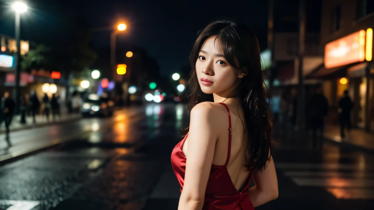 1girl,solo,long hair,Rough skin,from back,face focus,(looking at viewer:1.2),wet hair,dark,polaroid,(depth_of_field:1.5),rainy days,outdoors,street,hair between eyes,moody lighting,Tyndall effect,Cinematic Lighting,night,lamppost,lens flare,available light,rim light,glowing neon lights,curvy,Red silk dress,korea girl,