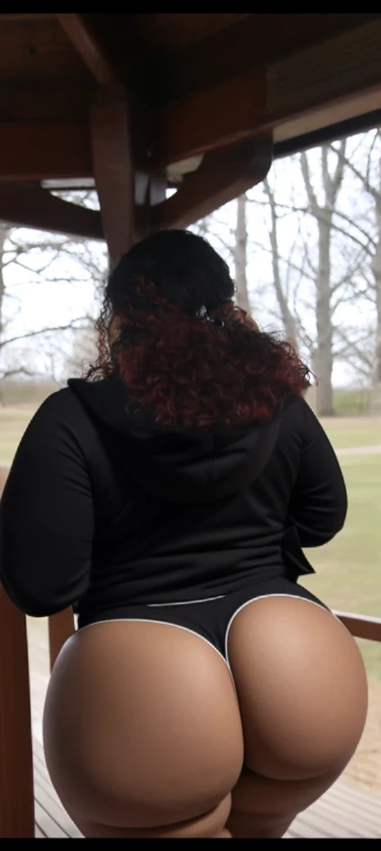 there are two people standing under a shelter talking to each other, photo still of behind view, shot from the back, view from the back, seen from the back, back of the hair, from the back, wearing a black hoodie, with curly red hair, facing away from camera, long dark curly hair, over the shoulder view, in a black hoodie, beautiful girl, big ass, huge ass, bbw, from behind, thick, thick thighs, wide hips, bbw, big tits, sideboob, giant ass, back view, big butt, round butt, tight underwear, underwear halfway off, underwear taking off, grabbing ass, ass spilling over underwear, too thick for clothes, looking left, leftwards, latina, from behind, tall girl