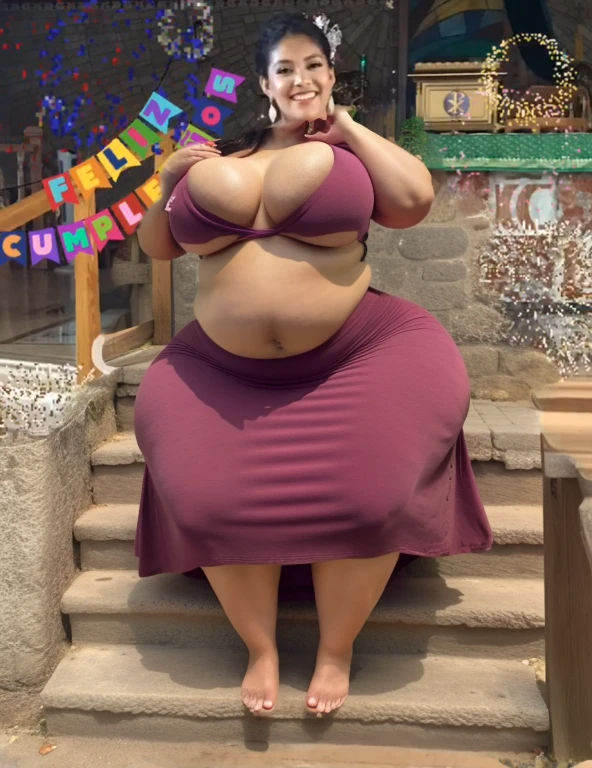 araffe woman in a purple dress sitting on a step, alanis guillen, 💋 💄 👠 👗, wearing a pink ballroom gown, lorena avarez, full dress, 👰 🏇 ❌ 🍃, snapchat photo, 8k)), beutifull, by Glòria Muñoz, 🤠 using a 🖥, latina, Big tits, huge tits, no clothes, sexy, cute, wide hips, thick thighs, pear-shaped body, minimal clothes, thick, bbw, chubby stomach, thick nipples, nipple piercings, large areola, hard nipples, piercing through shirt, nipples hard through shirt, chubby stomach showing, tummy spilling over the side, muffin top, panties only, no pants, pants off, stomach too big for panties, small crop top shirt, major cleavage, nipples showing through shirt, very short crop top with fat stomach showing, extremely wide hips, thick hips, hips wide with fat stomach, tall girl