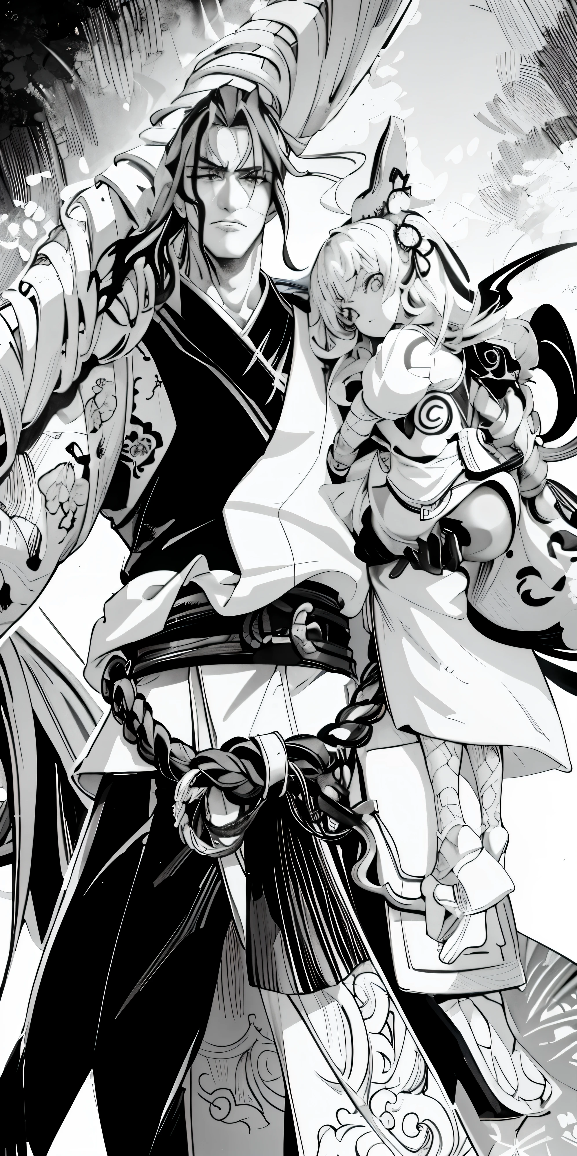um desenho em preto e branco de duas pessoas com espadas, afro samurai manga style, black and white manga panel, black and white manga page, Bleach Manga Style, Stunning manga art style, detailed manga style, black and white manga style, black and white manga comic, samurai correntes tinta mortos-vivos, the samurai is wrapped in chains, handsome guy in demon slayer art