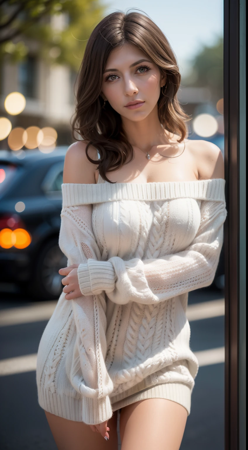 Jennifer Esposito,gros seins,(masterpiece), best quality, Extremely detailed, (aquarelle), fleur, delicate and beautiful, illustration, (dessous),(1:1.4), (seulement:1.2), gros seins, (ribbed sweater:1.3), pull à épaules dénudées, (short court:1.2), bare shoulders, (Bas de la poitrine), ((peau sombre:0.8)), beaux yeux, (disheveled hair), la photographie, pulled over the shoulder, professionnel, Appareil photo Canon, Appareil photo Nikon, pointu, Bokeh, studio quality