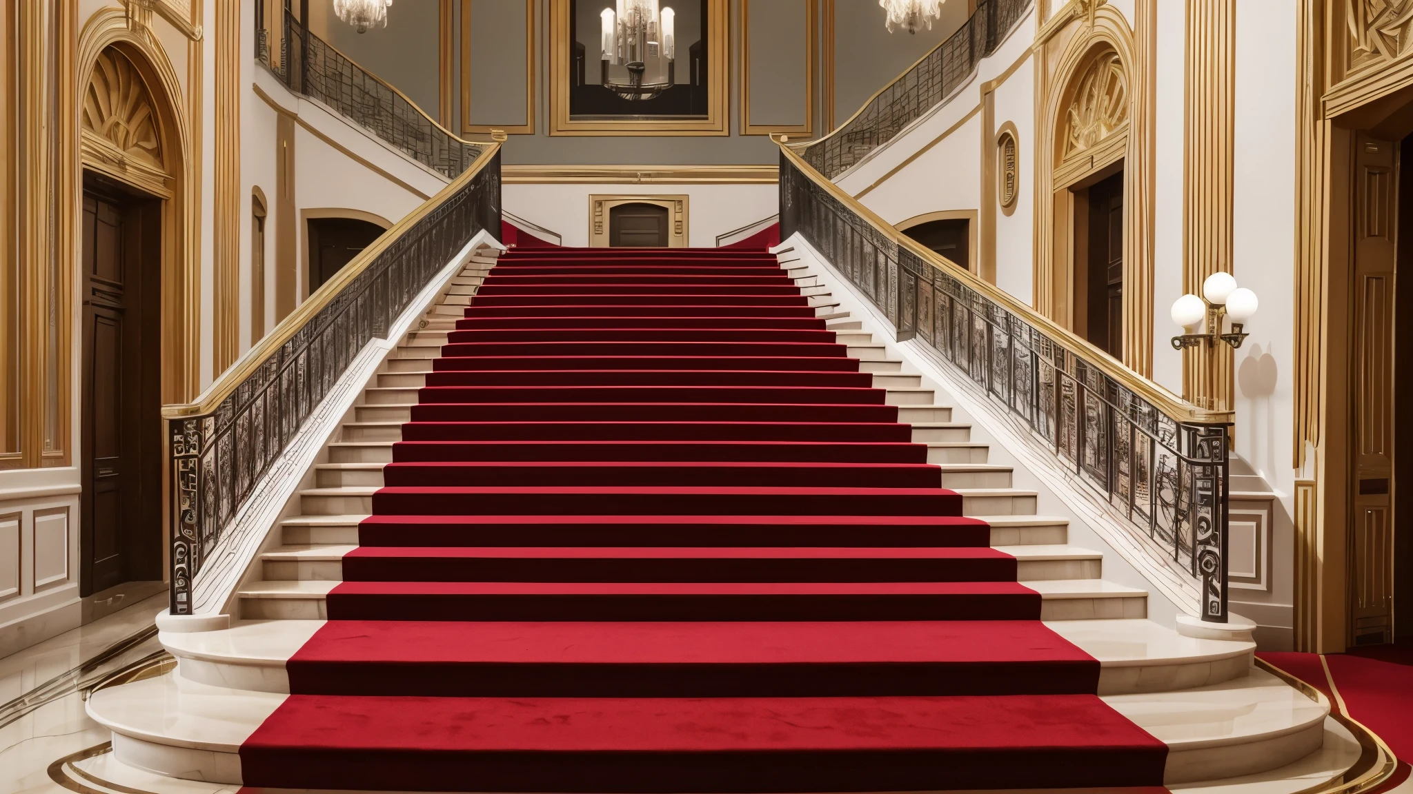 The red carpet is spread out on a long straight staircase without handrailsa large staircase, escada de castelo. Estilo realista，alta qualidade 8k, complete in high definition, muita qualidade (APENAS UMA ESCADA)