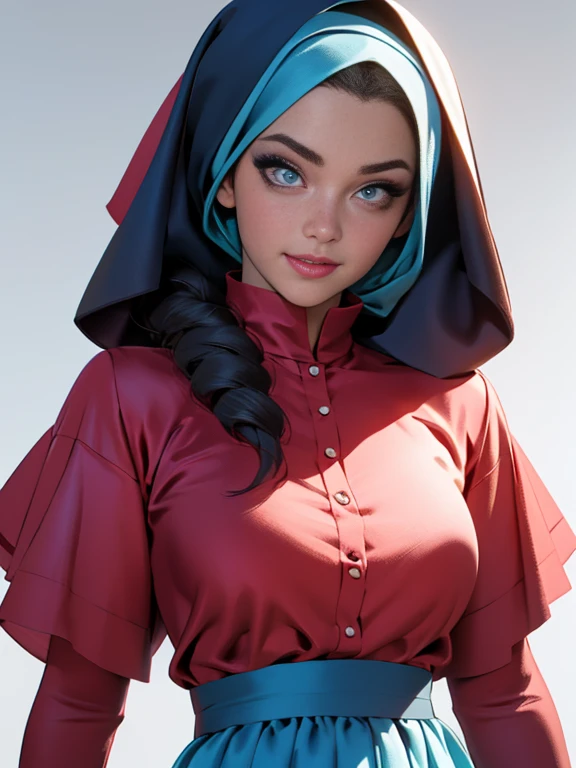 3dmm style, (Masterpiece), realistic, best quality, best lighting, extremely detailed artgerm, style artgerm, beautiful mature woman, 1 girl photo solo, beautifully makeup, eyeshadow, Parted Lips, Detailed Eyes, ((beautiful big eyes)), long eye lashes, dimples on the cheeks, smile, wearing silk hijab, ((Dark blue satin hijab)), loosely tide hijab style, shining silk, satin, blue satin, ((Blue satin shirt and satin long skirt)), (Close-up portrait), Front view, Standing Symmetric Centre, facing the viewer, gray background.