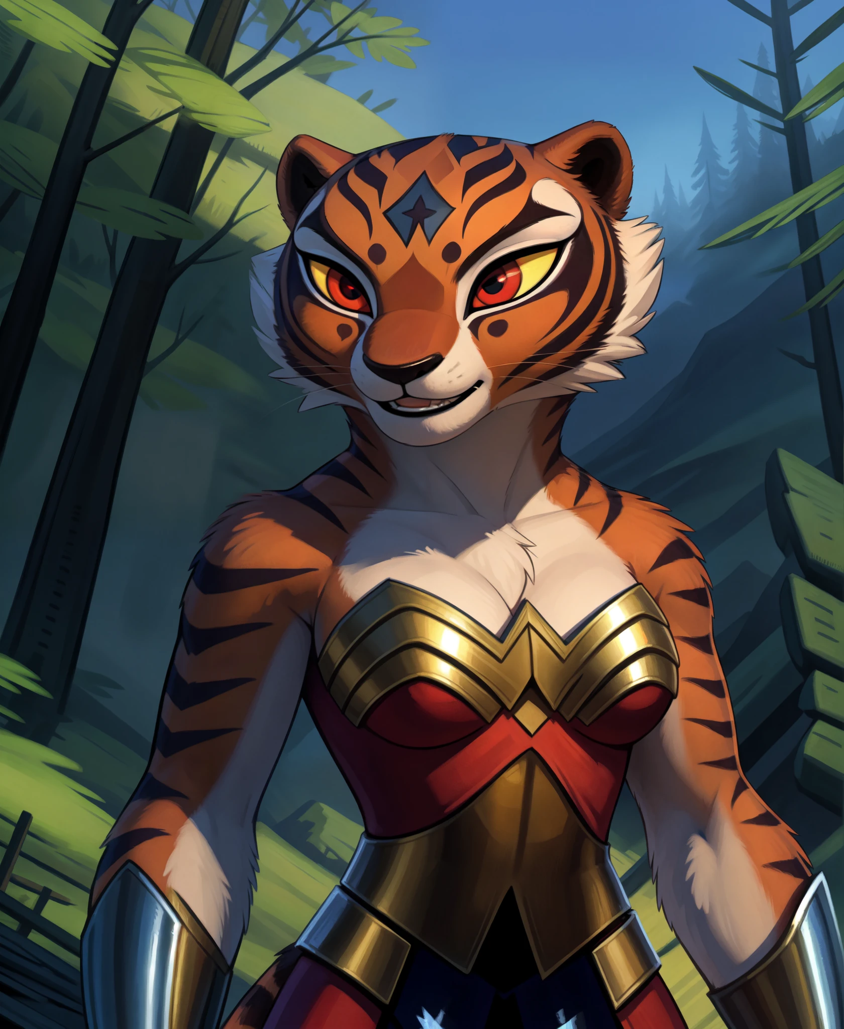 by hioshiru,, by kenket, by totesfleisch8, (by thebigslick, by silverfox5213:0.8), (by syuro:0.2), (by qupostuv35:1.2),, ,, BREAK, solo,female (cute:1.1) master tigress,detailed background, outdoors, cinematic lighting, animated movie, artistic, 8k hd, photo, photoreal, (detailed fur:1.3) (furr detail, fluffy:1.3), (big detailed red eyes, yellow sclera:1.2),, depth of field,,, wearing Wonder Woman's Armor from (Justice League: unlimited),