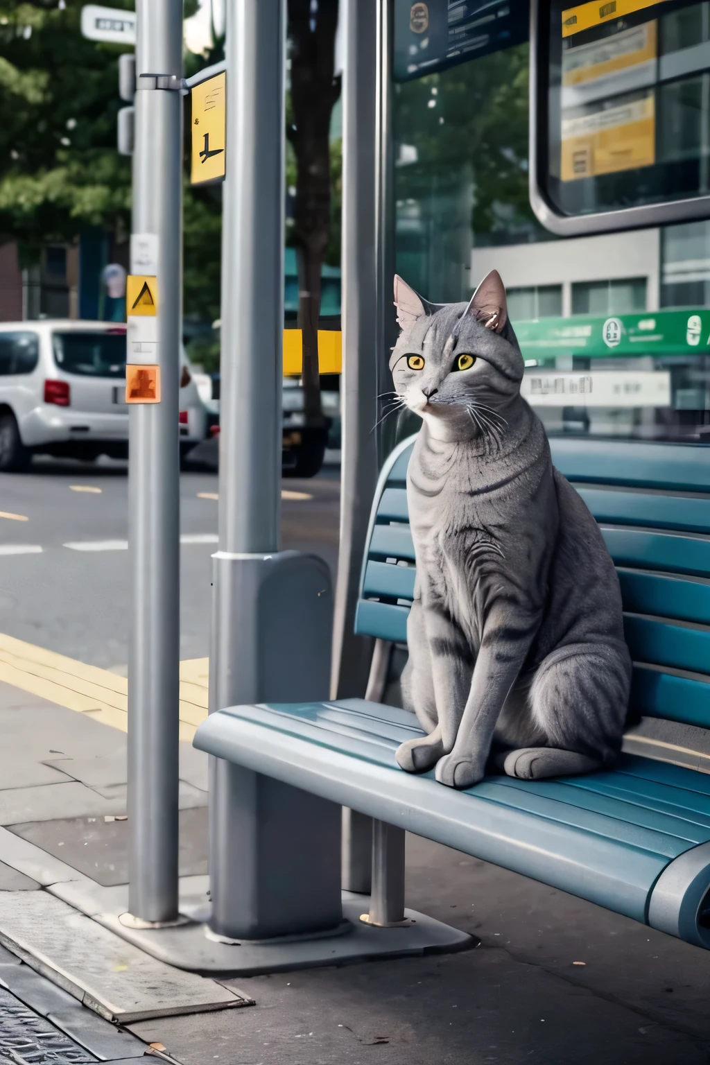 Gray cat sits on a bench at a bus stop.. Improve the quality of your cat's face
