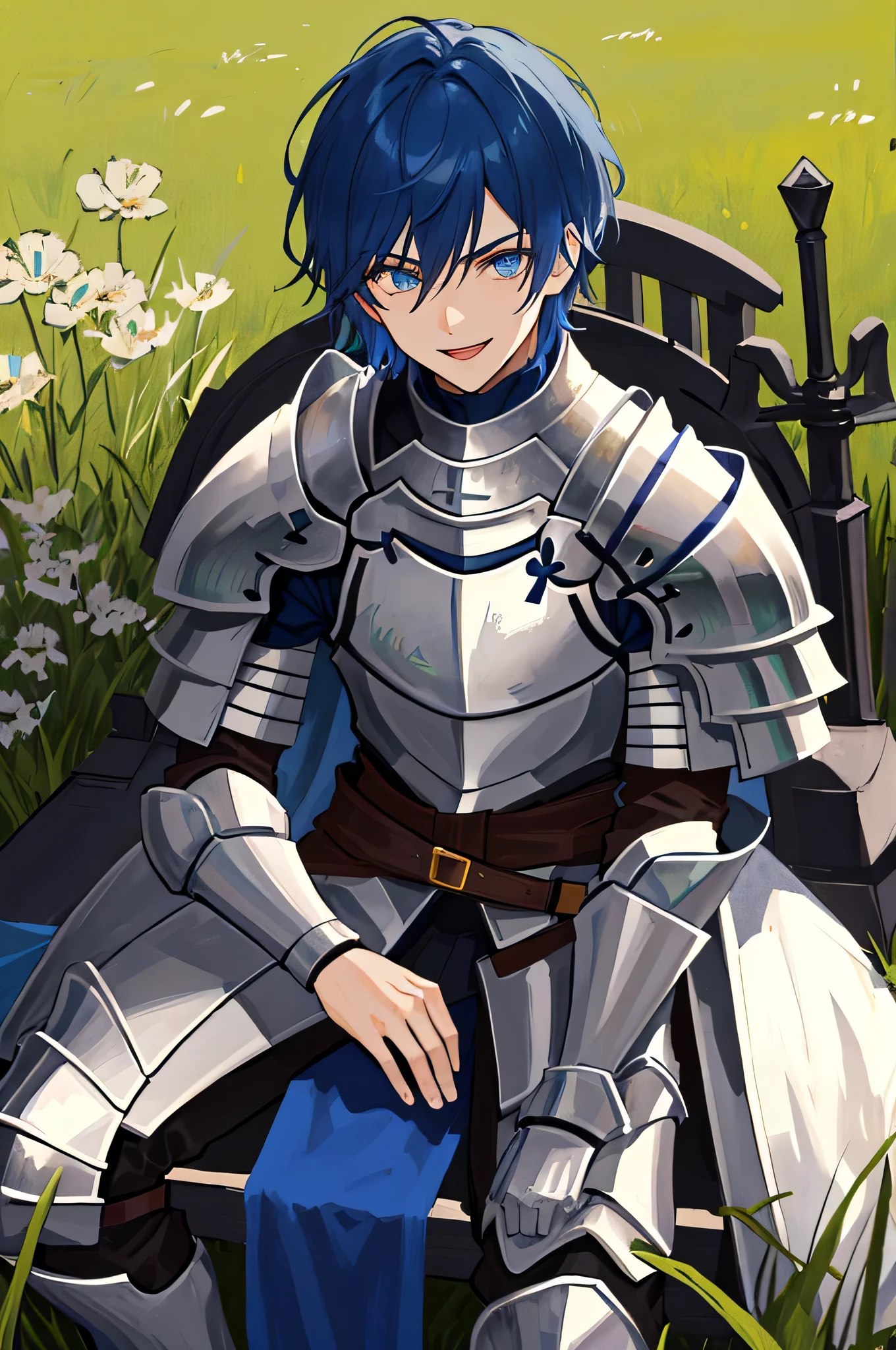 (meadow background), masterpiece, highest quality,figure, wallpaper, ultra detail, disorganized, 1 man, alone,adult guy, beautiful and fine eyes, cowboy shot, short hair, black knight guy,blue hair, (meadow background:1.5),( rage),Fantasy knight costume with gold decorations,(adult),(20-year-old),smile,(black knight),Sitting on the lawn,detailed background,