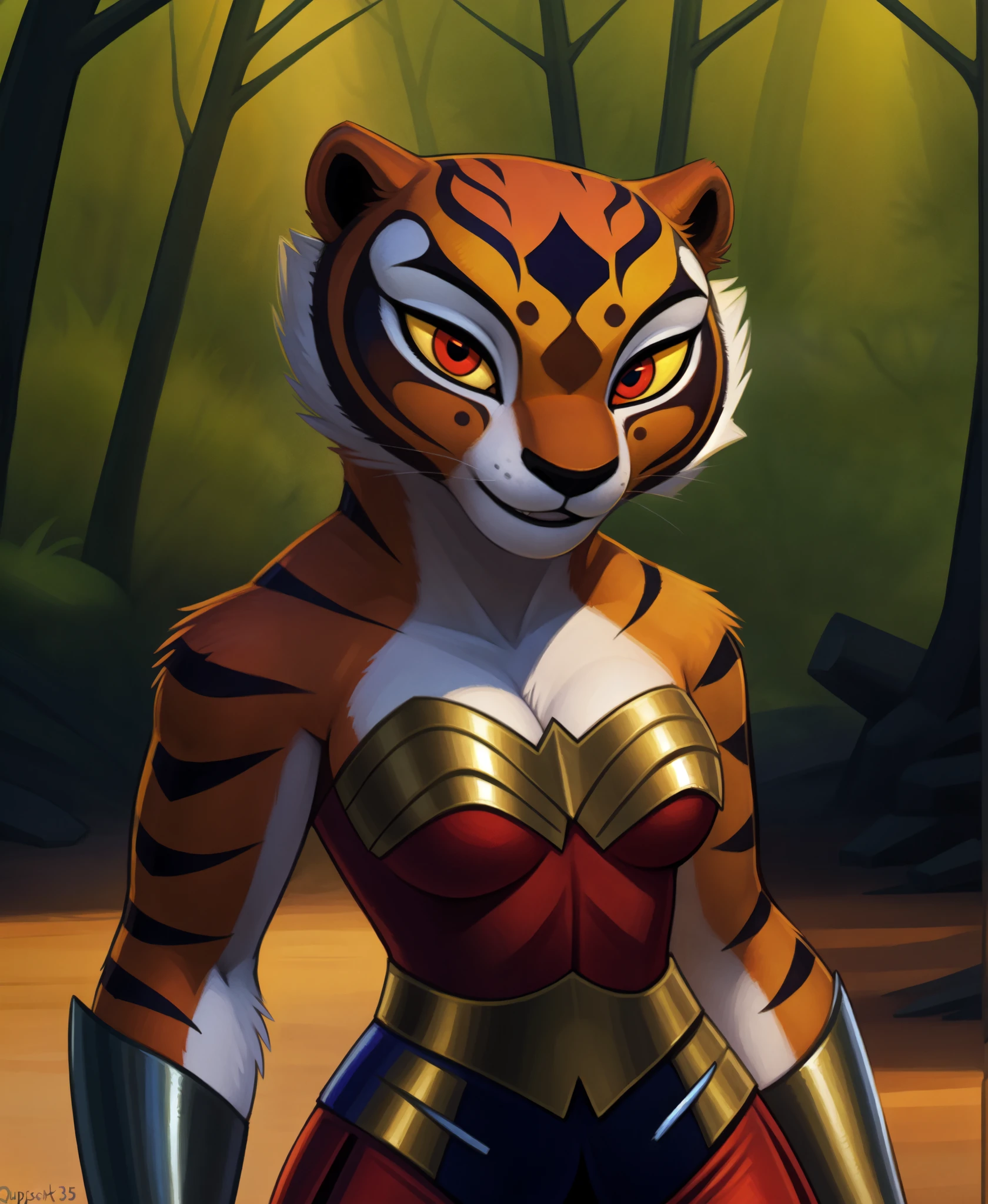 by hioshiru,, by kenket, by totesfleisch8, (by thebigslick, by silverfox5213:0.8), (by syuro:0.2), (by qupostuv35:1.2),, ,, BREAK, solo,female (cute:1.1) master tigress,detailed background, outdoors, cinematic lighting, animated movie, artistic, 8k hd, photo, photoreal, (detailed fur:1.3) (furr detail, fluffy:1.3), (big detailed red eyes, yellow sclera:1.2),, depth of field,,, wearing Wonder Woman's Armor from (Justice League: unlimited),