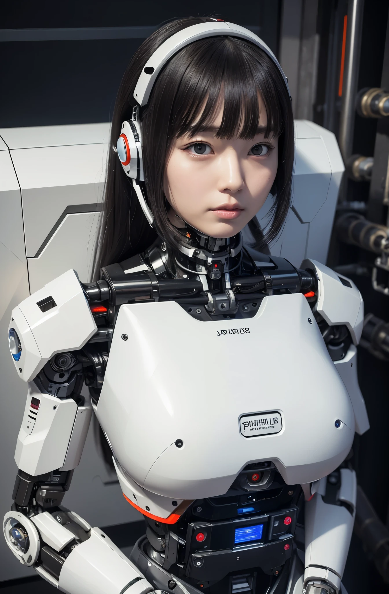 masterpiece, best quality, extremely detailed, 8K portrait,1girl in, Japaese android girl,android teacher,Plump , control panels,android,Droid,Mechanical Hand, ,Robot arms and legs, Black hair,Mechanical body,Blunt bangs,White Robotics Parts,perfect robot woman,Charging spot,perfect mechanical body,white robotics body,android assembly plant,white body,She has repaired,black sponge joints,android,laboratory,perfect machine body,white robot body,blue eyes