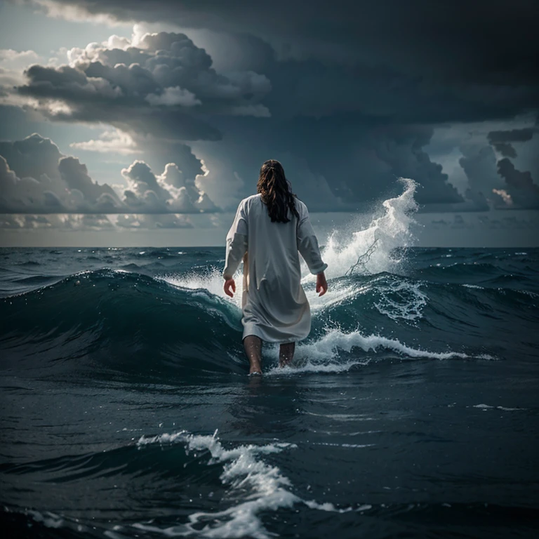 Jesus walking on water in a rough sea in a storm in the middle of the sea