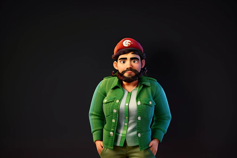 um rapaz moreno de cavanhaque e bigode moderado,  Fleshy lips, olhar fixo para frente, atento, thick eyebrow and backwards red cap and green blouse, The pose is with your hands in your blouse pockets. Hair is curly, castanho escuro, cachos 3c.