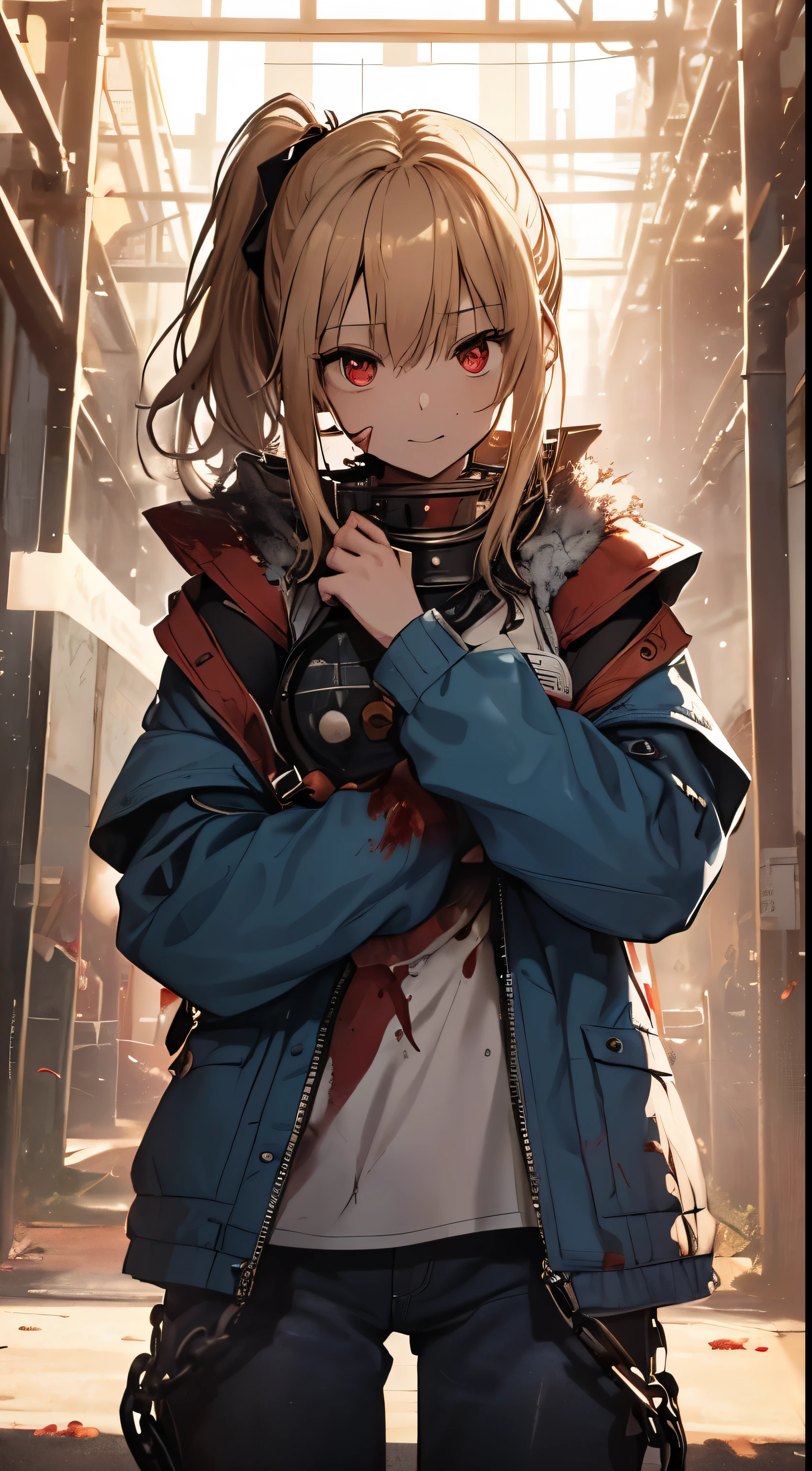 top-quality、Top image quality、masterpiece、girl with((18year old、tatteredclothing、Black tank top、Blue jacket、White pants、Best Bust、Bust 85、a blond、disheveled ponytail、Red Eyes、open chest wide、Happiness、Return blood、Blood from the mouth、Holding a chain sickle in both hands、Carrying the guitar))hiquality、visualart、Background with((Live performance venue、knight、Burning rendition))、