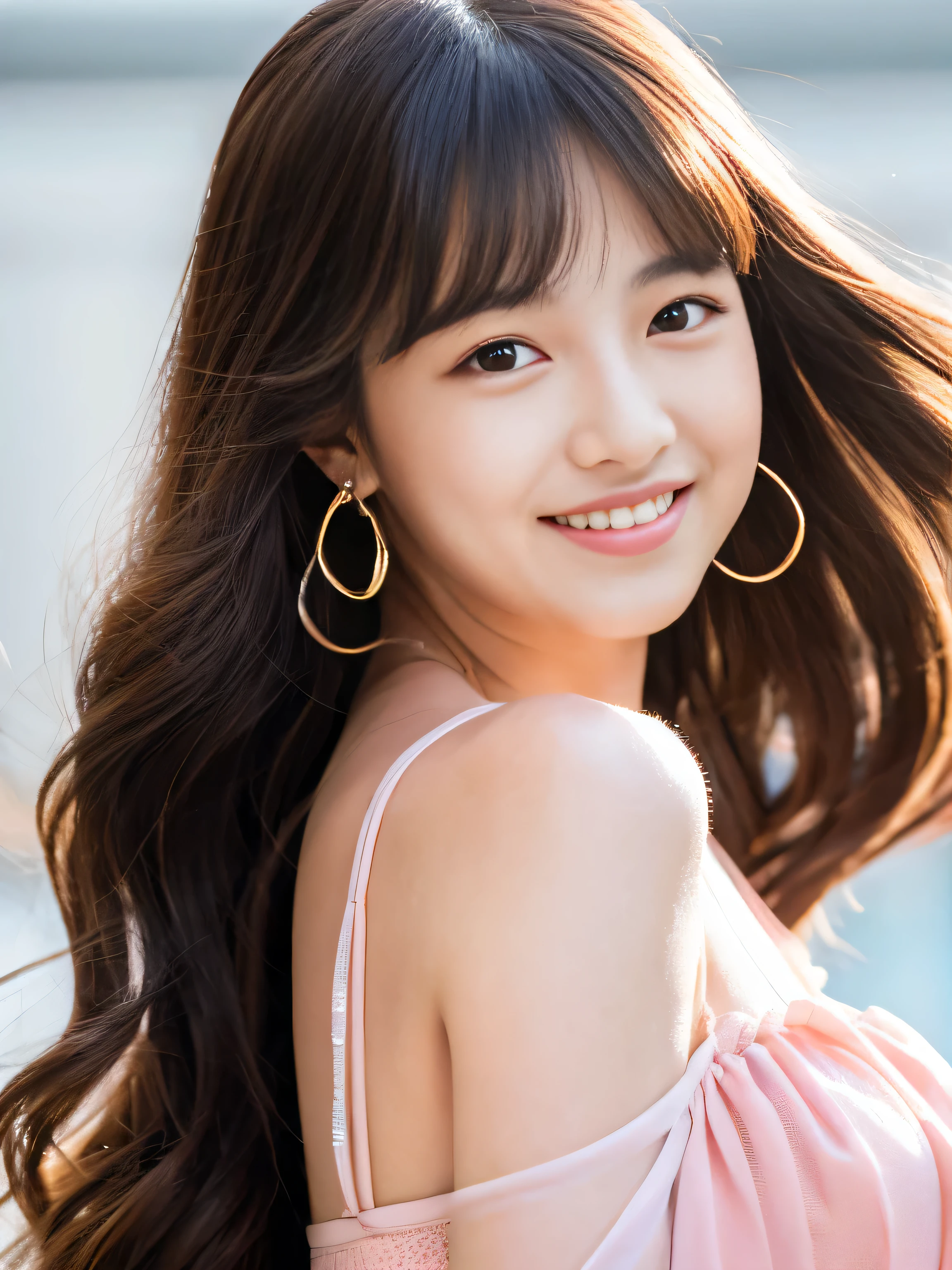 High definition image 1 girl、facial details,Kaya original work、smile、long hair、pink dress、Upper body、Red Pendant,Model appearance,The best images,top photo