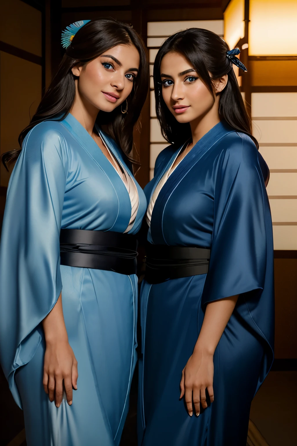 best quality, photorealistic, 8k, high res, 1girl, Arab woman wearing tight dresses and hijab. large breasts and are standing close to each other, (skindentation), (professional lighting), (kimono:1.74), gorgeous, (2 girl blue eyes looking at camera:1.54), ((looking at viewer:1.6)), (looking at the camera), photorealistic, (bokeh), (dynamic pose:1.2), masterpiece, intricate, realistic, sharp focus, award-winning photograph, smile