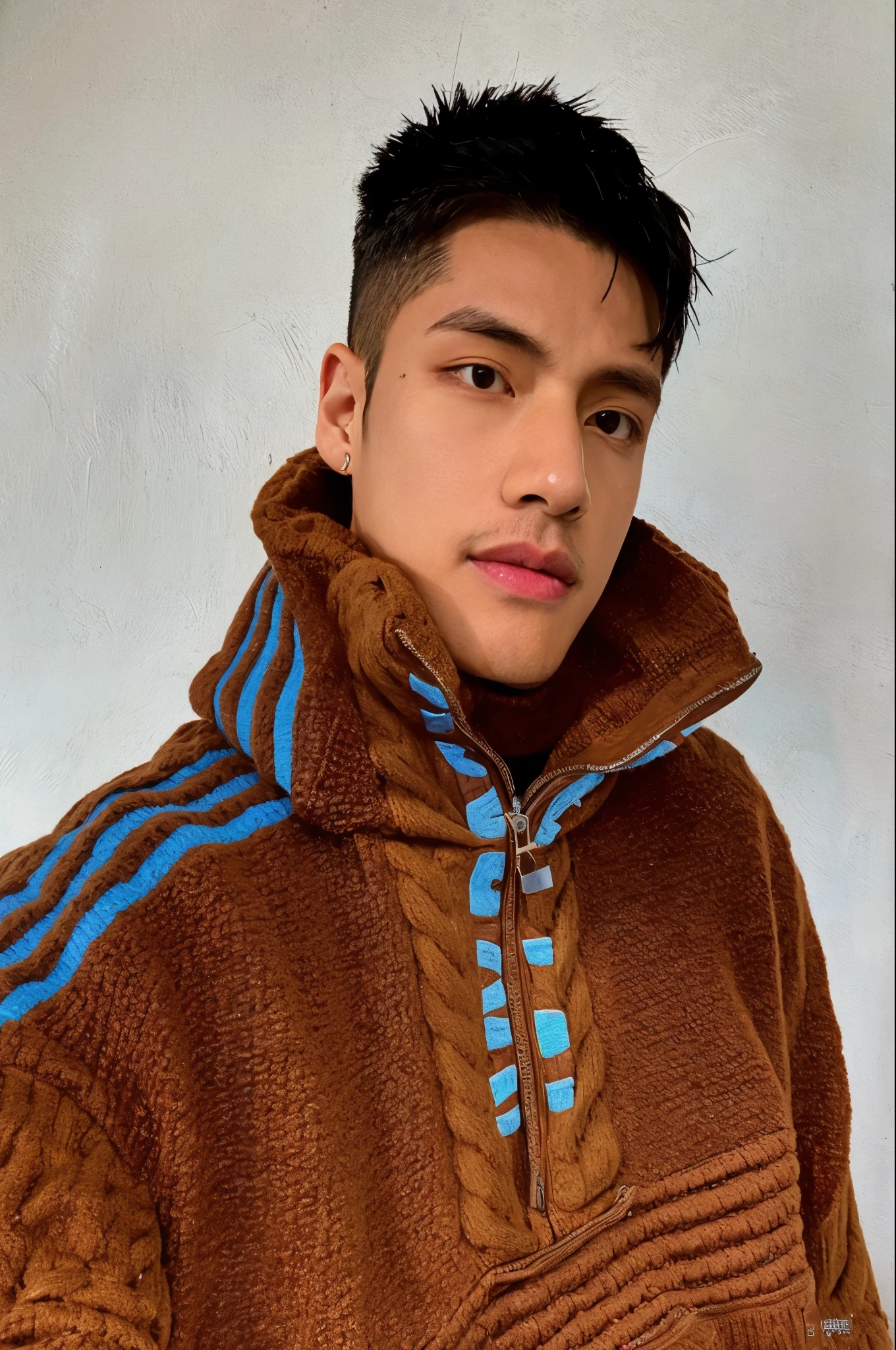 homem arafiado com uma jaqueta marrom com listras azuis, he is wearing a brown sweater, inspirado em Kim Taehyung, wearing a colorful coogi sweater, usando roupas adidas, BTS Taehyung, jovem, foto de perfil