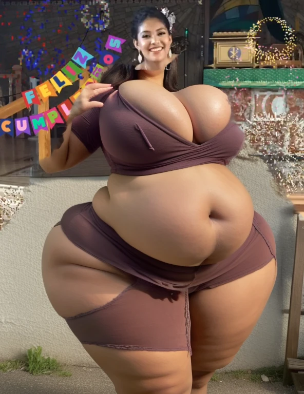 araffe woman in a purple dress walking down a step, alanis guillen, 💋 💄 👠 👗, wearing a pink ballroom gown, lorena avarez, full dress, 👰 🏇 ❌ 🍃, snapchat photo, 8k)), beutifull, by Glòria Muñoz, 🤠 using a 🖥, latina, Big tits, huge tits, no clothes, sexy, cute, wide hips, thick thighs, pear-shaped body, minimal clothes, thick, bbw, chubby stomach, thick nipples, nipple piercings, large areola, hard nipples, piercing through shirt, nipples hard through shirt, chubby stomach showing, tummy spilling over the side, muffin top, panties only, no pants, pants off, stomach too big for panties, small crop top shirt, major cleavage, nipples showing through shirt, very short crop top with fat stomach showing, extremely wide hips, thick hips, hips wide with fat stomach, tall girl